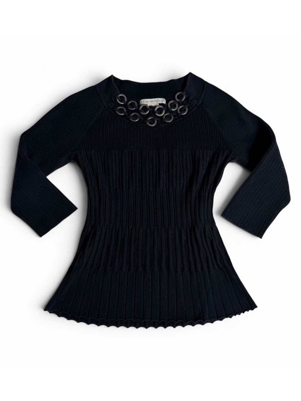 Vintage Requirements Black Ribbed Grommet Studded Scoop Neck 3/4 Sleeve Sweater